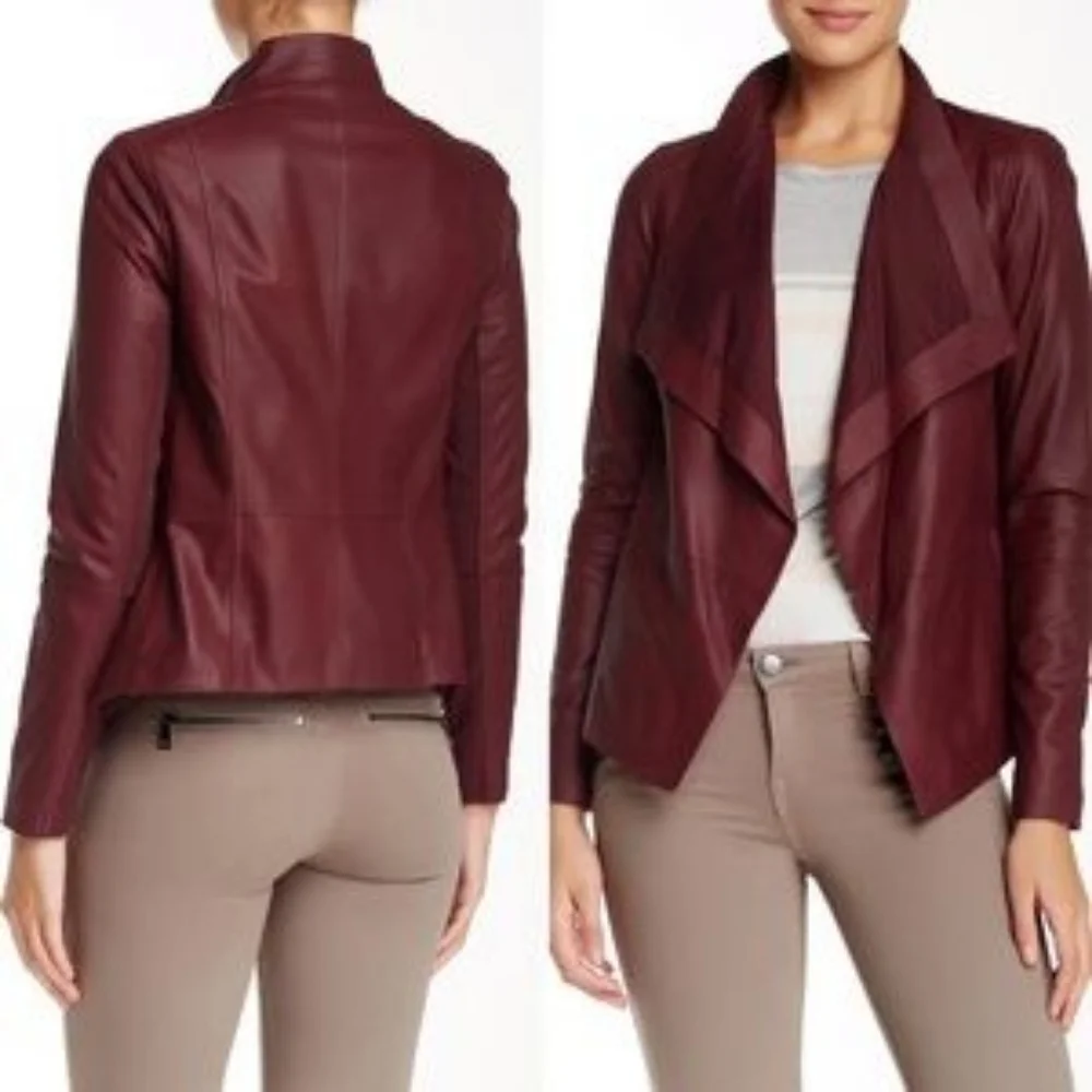 VINCE Leather Burgundy Red Drape Neck Open Jacket Size XS - Picture 1 of 10